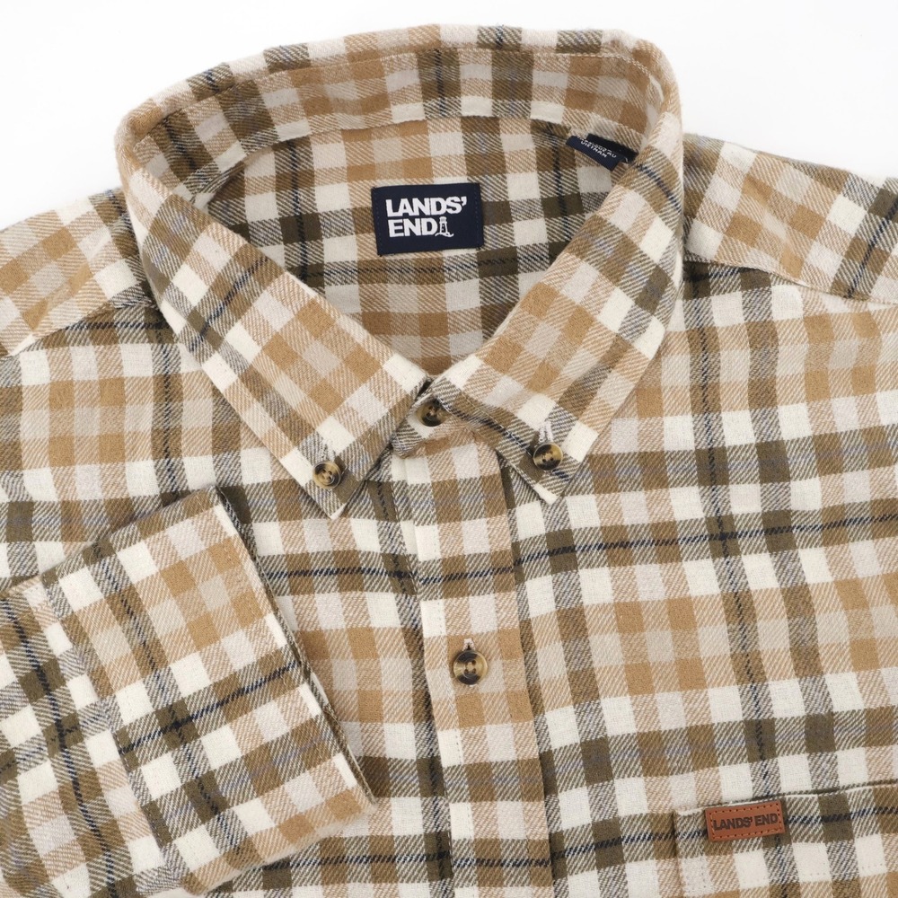 NEW Lands' End Plaid Flannel Shirt Tan Long Sleeve Mens L